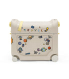 Children's suitcase with space-themed stickers on a white background