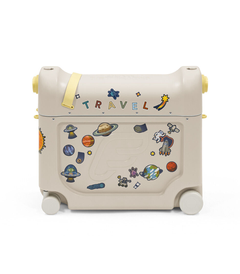 Children's suitcase with space-themed stickers on a white background