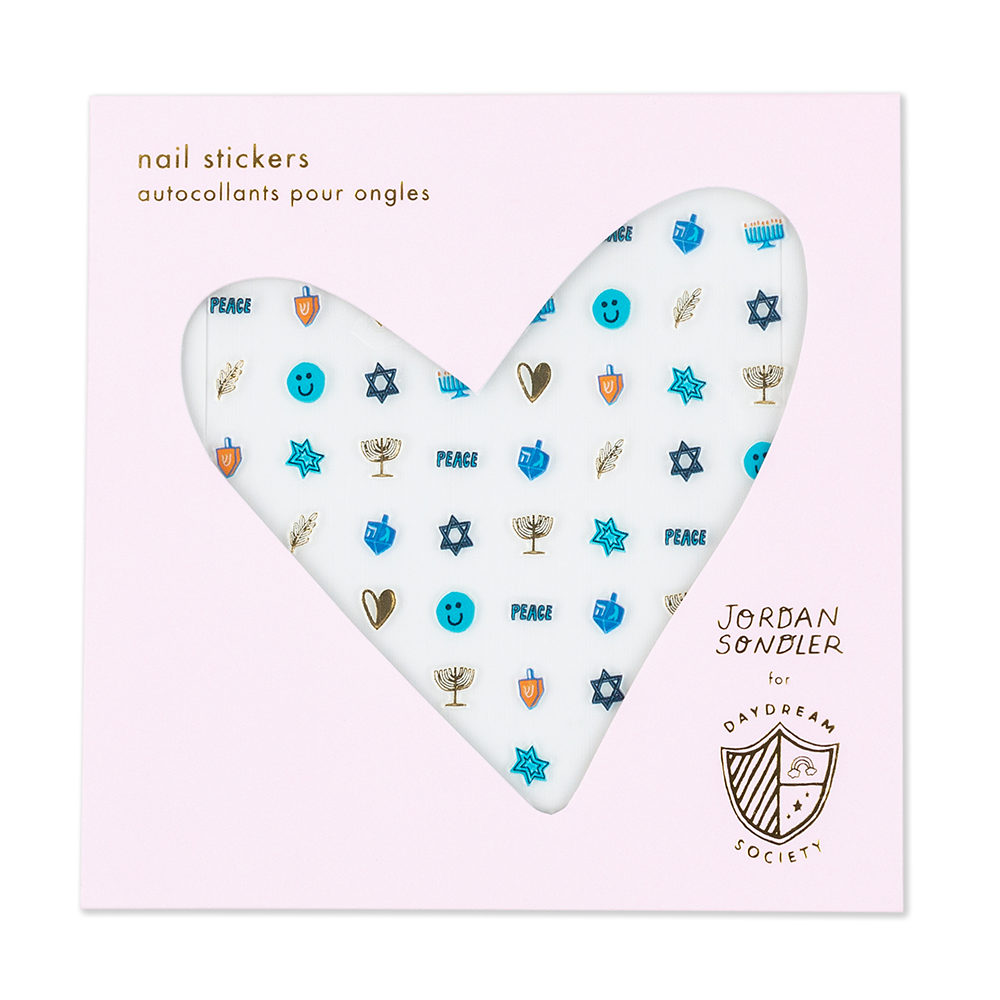 Heart-shaped nail sticker set with various designs on a pink background, featuring the brand 'Jordan Sandler for Daydream Society'.
