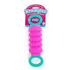 Pink and green Krumples toy with packaging on a white background
