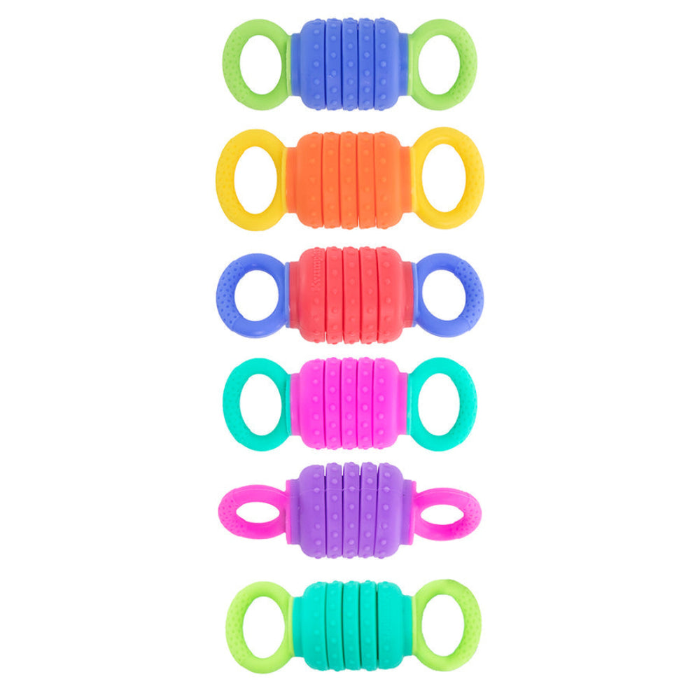 Seven colorful silicone baby teething toys arranged vertically on a plain white background. Each toy has a ribbed central body with two loop handles on the ends, shown in different color combinations including blue and green, orange and yellow, pink and blue, teal and green, purple and pink, and teal and green.