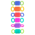 Seven colorful silicone baby teething toys arranged vertically on a plain white background. Each toy has a ribbed central body with two loop handles on the ends, shown in different color combinations including blue and green, orange and yellow, pink and blue, teal and green, purple and pink, and teal and green.