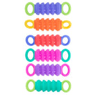 Set of colorful elastic bands with green ends on a white background