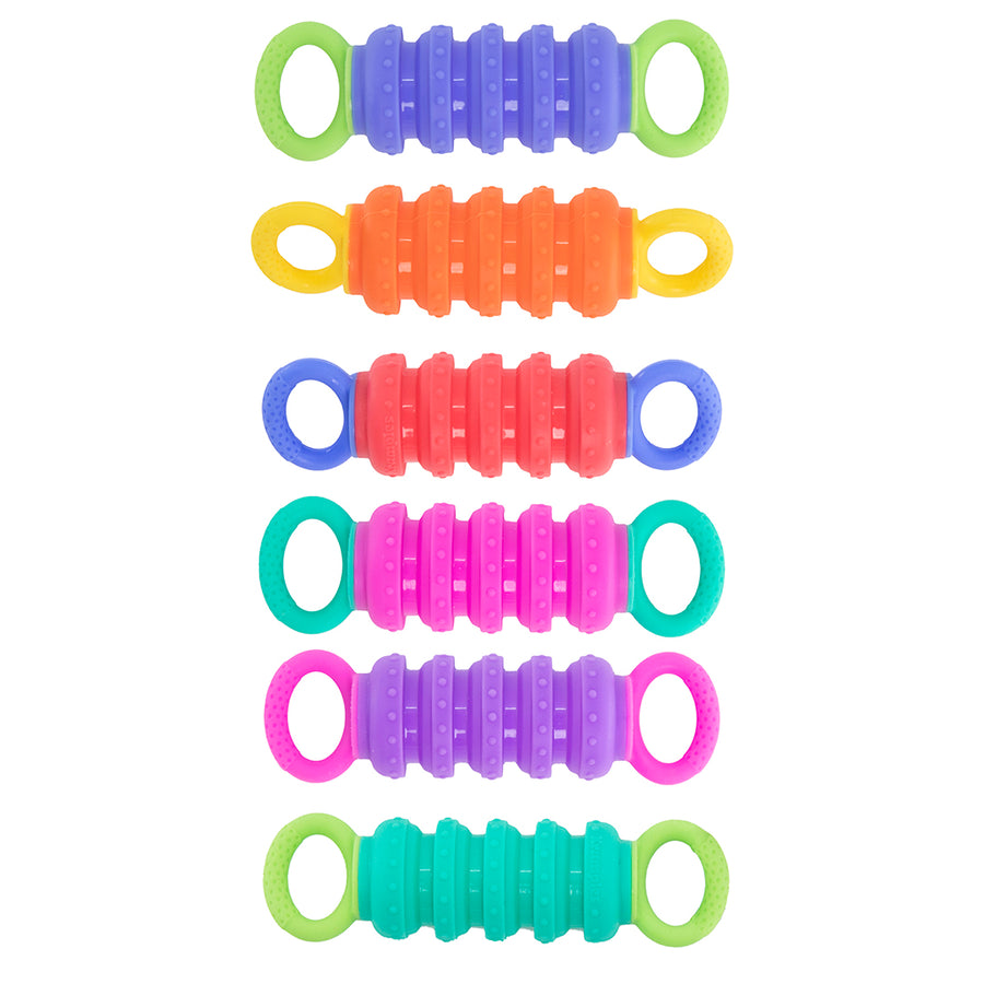 Set of colorful elastic bands with green ends on a white background