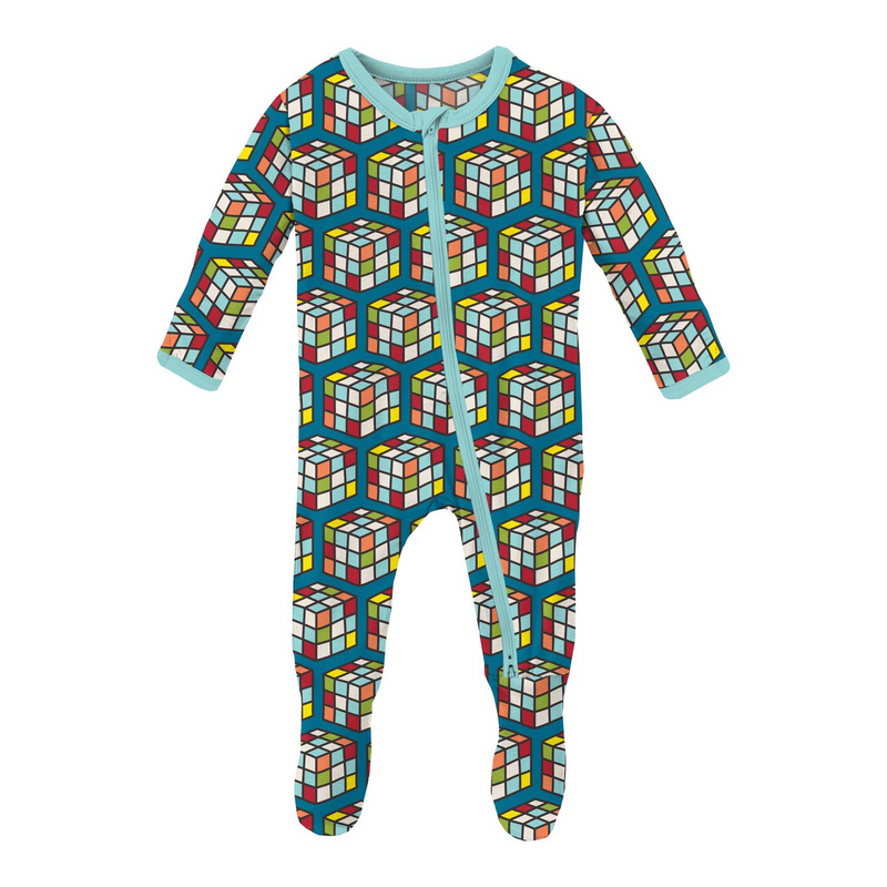 Print Footie with 2 Way Zipper - Cerulean Blue Puzzle Cube by Kickee Pants