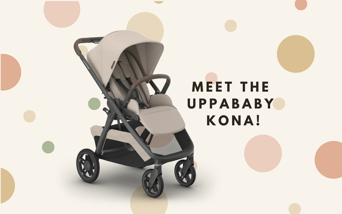 Uppababy Kona stroller in beige on a beige background with pastel dots in large and small.  Text says: "Meet the Uppababy Kona!"