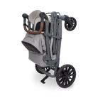 Gray and black stroller on a white background