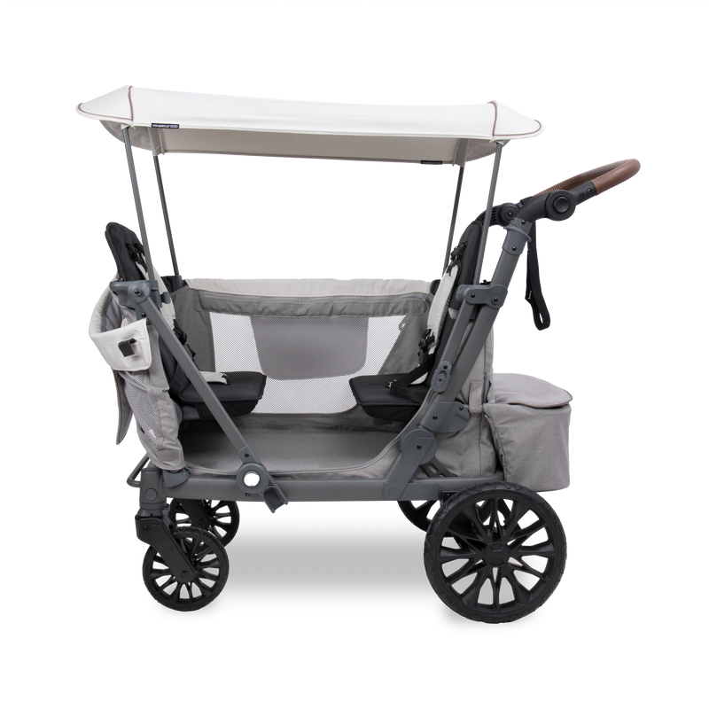 Gray and white stroller with canopy on a white background