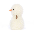 White fluffy toy duck with an orange beak on a white background