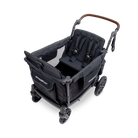 Black stroller with adjustable seat and wheels on a white background