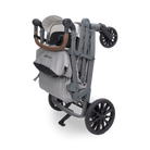 Gray and black stroller with a baby seat on a white background