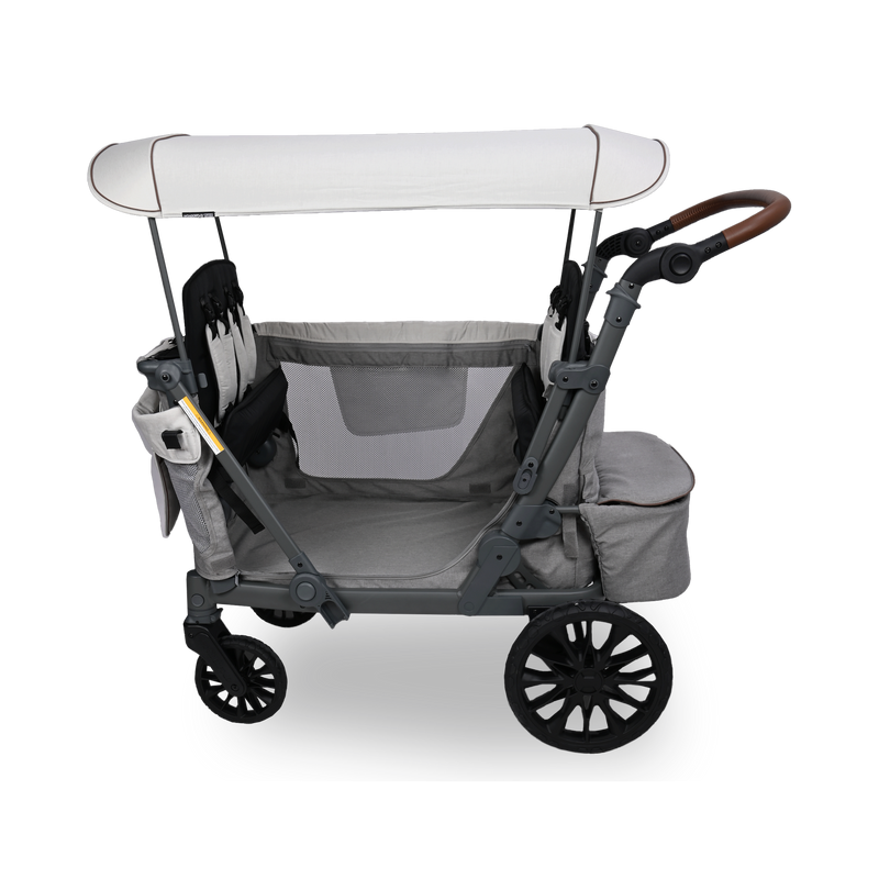 Gray and black stroller with canopy on a white background