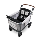 Gray and black stroller with a seat cover on a white background