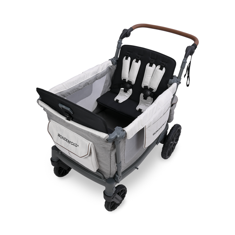 Gray and black stroller with a seat cover on a white background