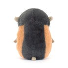Plush toy resembling a small creature with a dark gray top and orange bottom on a white background