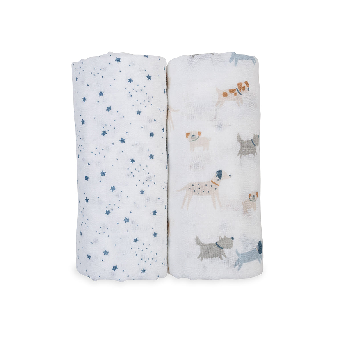 Two fabric swaddles with dog patterns on a white background