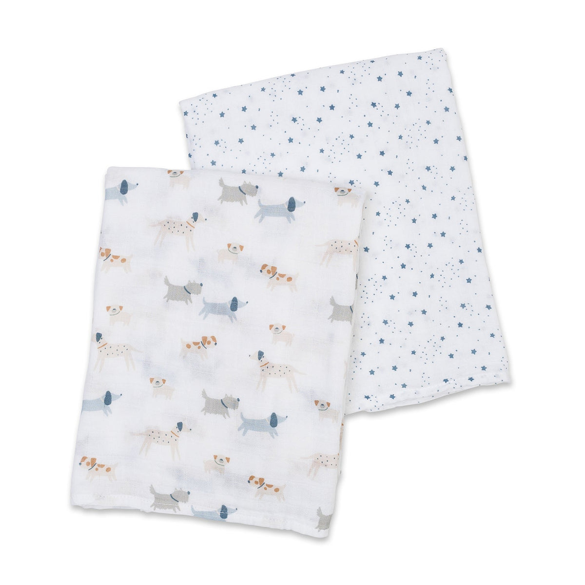 Two baby blankets, one with dog pattern and one with star pattern, on a white background.