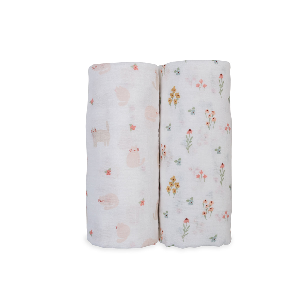 Two swaddle blankets with animal and floral patterns on a white background