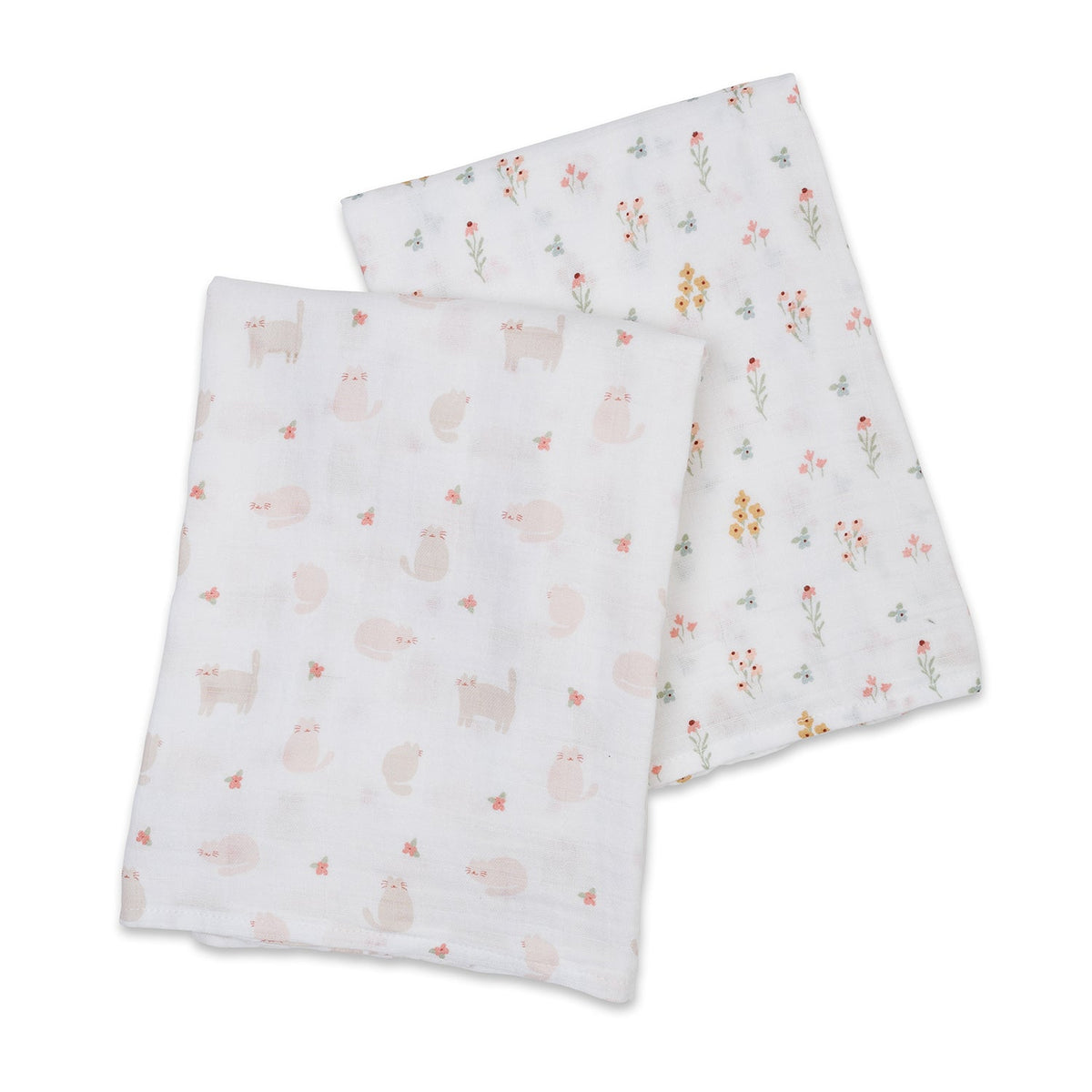 Two white swaddle blankets with animal and floral patterns on a white background