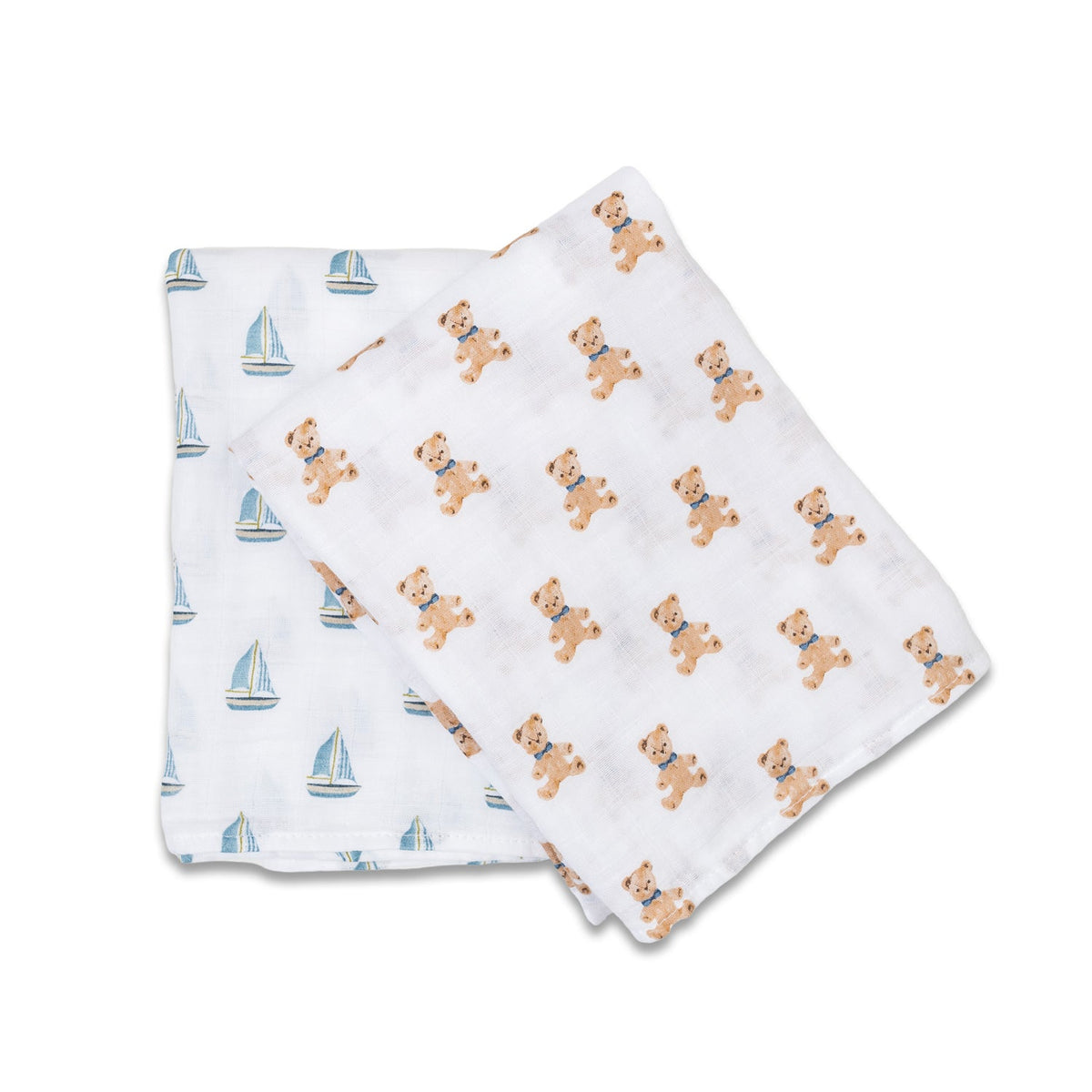 alt text for this image
Two neatly folded white cotton muslin swaddle blankets featuring a vintage pattern of teddy bears and sailboats, shown on a white background.