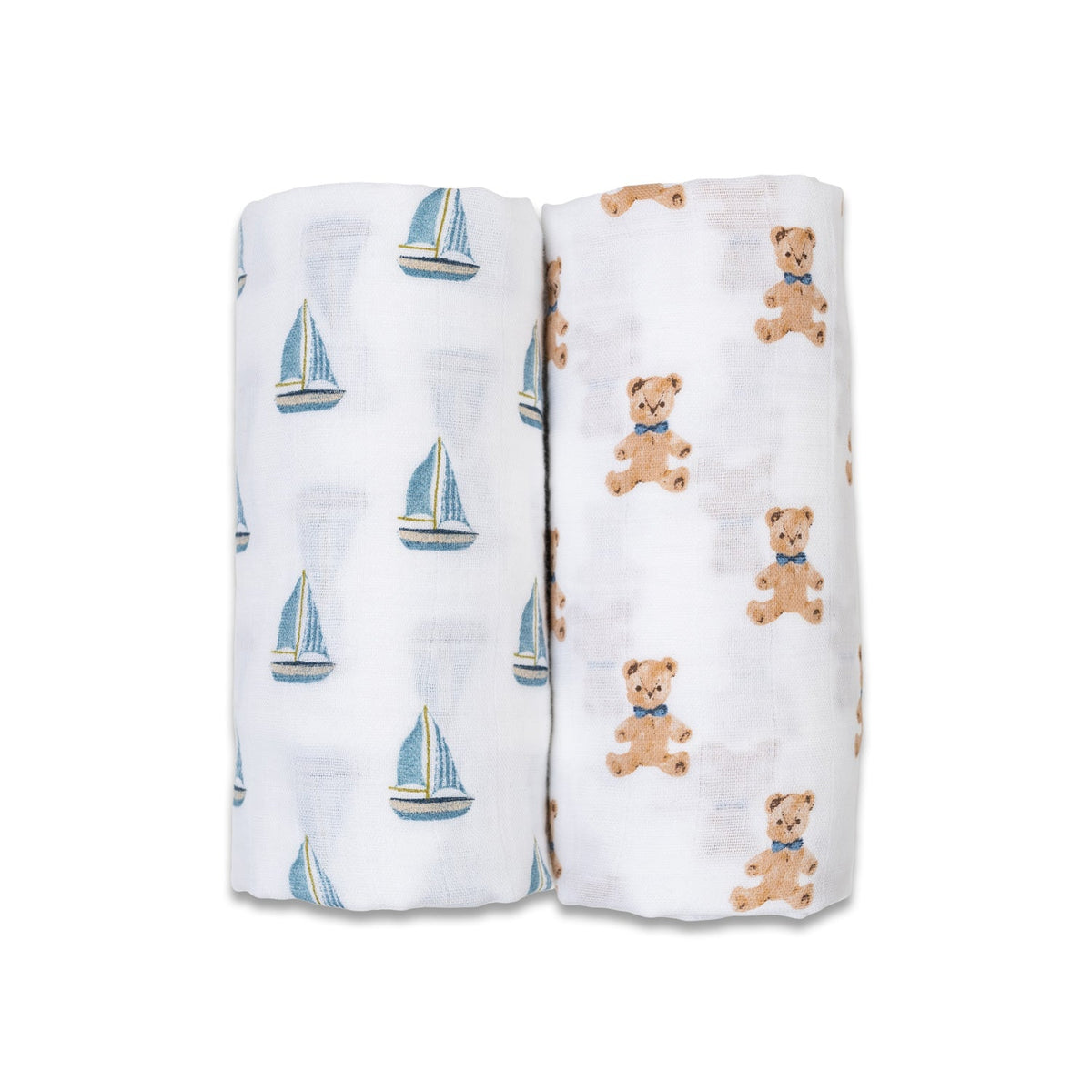 Two baby swaddle blankets with sailboat and teddy bear patterns on a white background.
