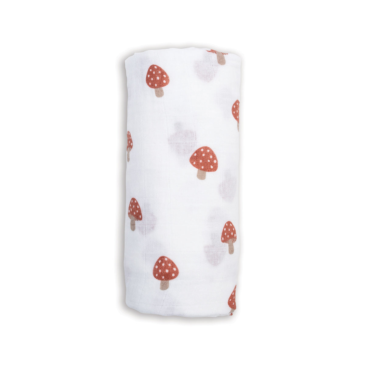 White swaddle blanket with red mushroom pattern on a white background