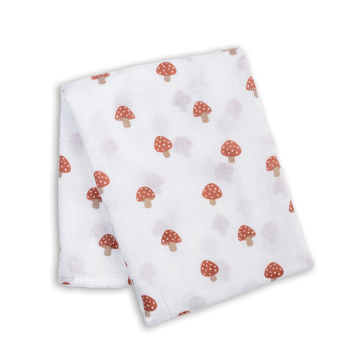 White fabric with red mushroom pattern on a white background