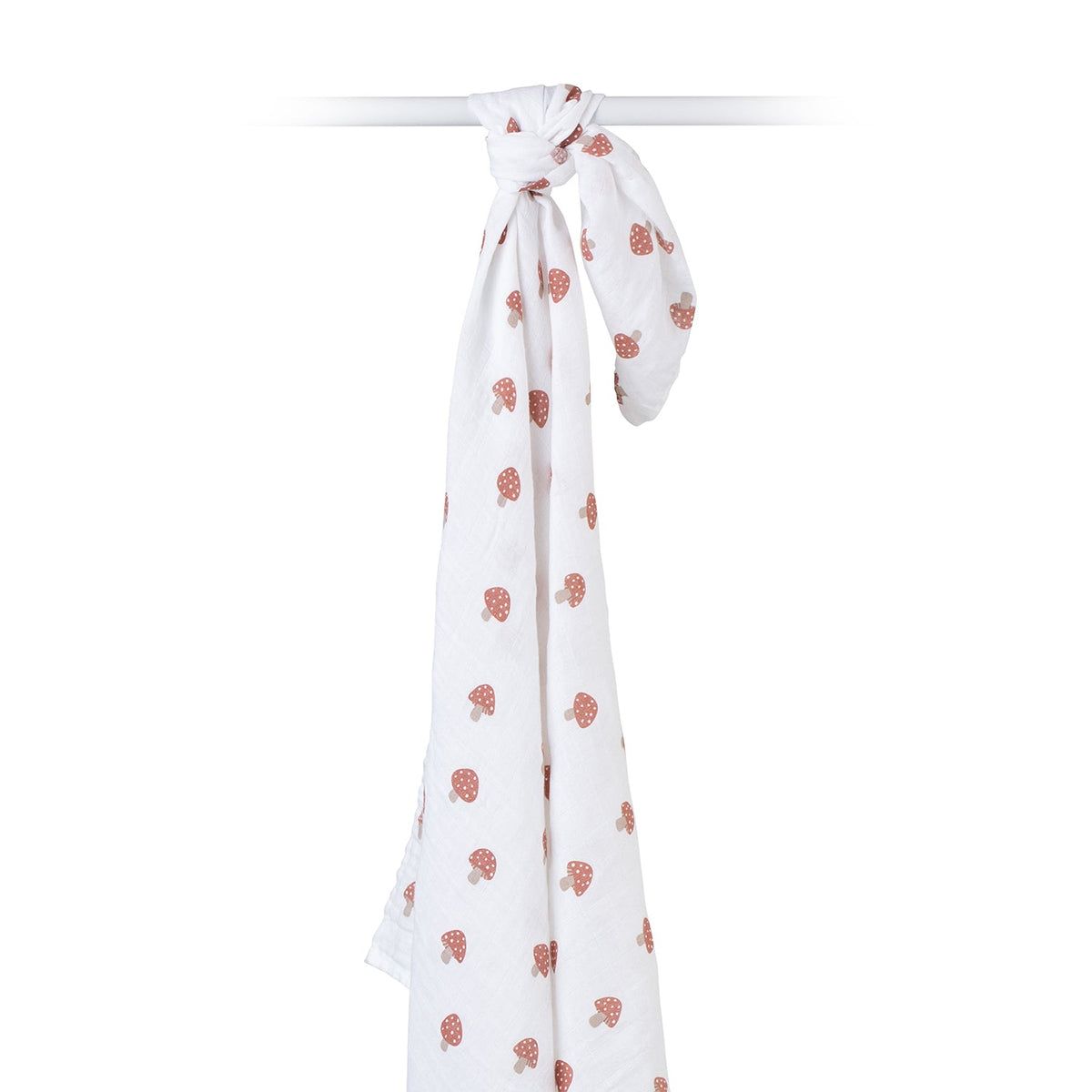 White scarf with red floral pattern tied on a white background