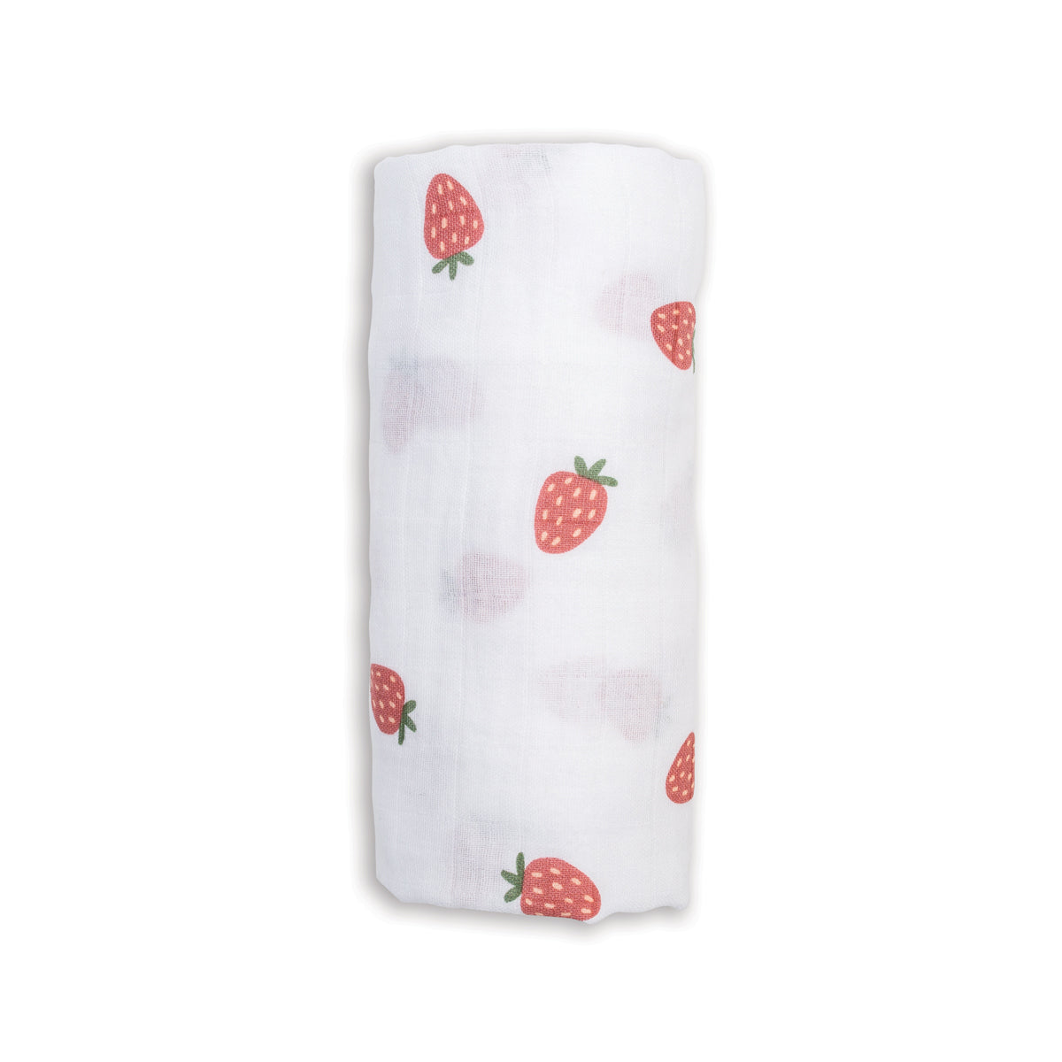 White swaddle blanket with red strawberry pattern on a white background