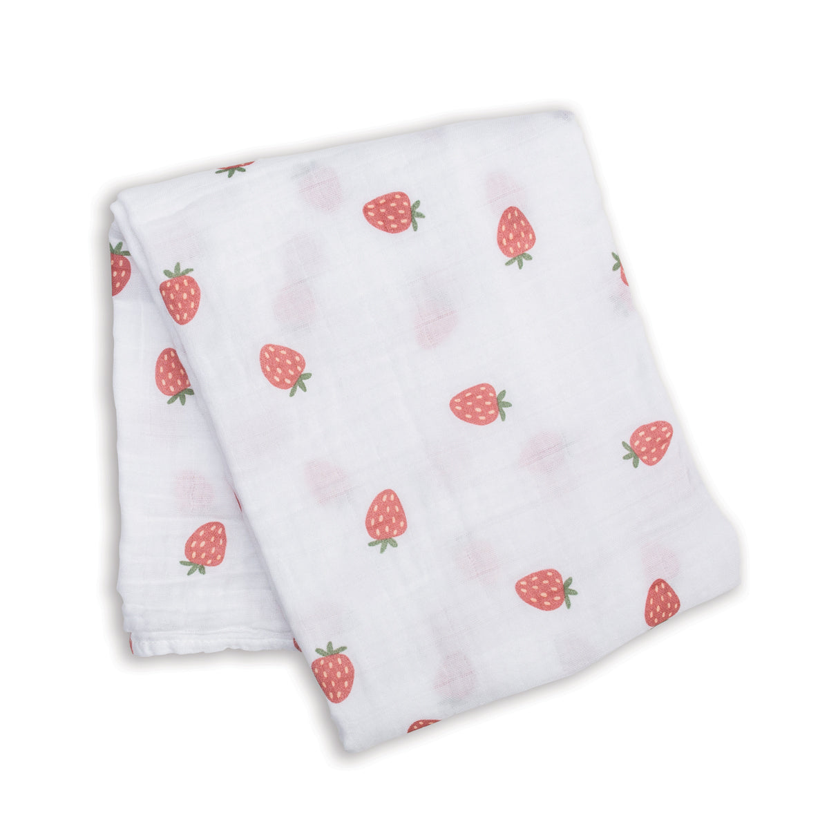 Folded white fabric with red strawberry pattern on a white background