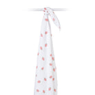 White scarf with pink strawberry pattern on a white background