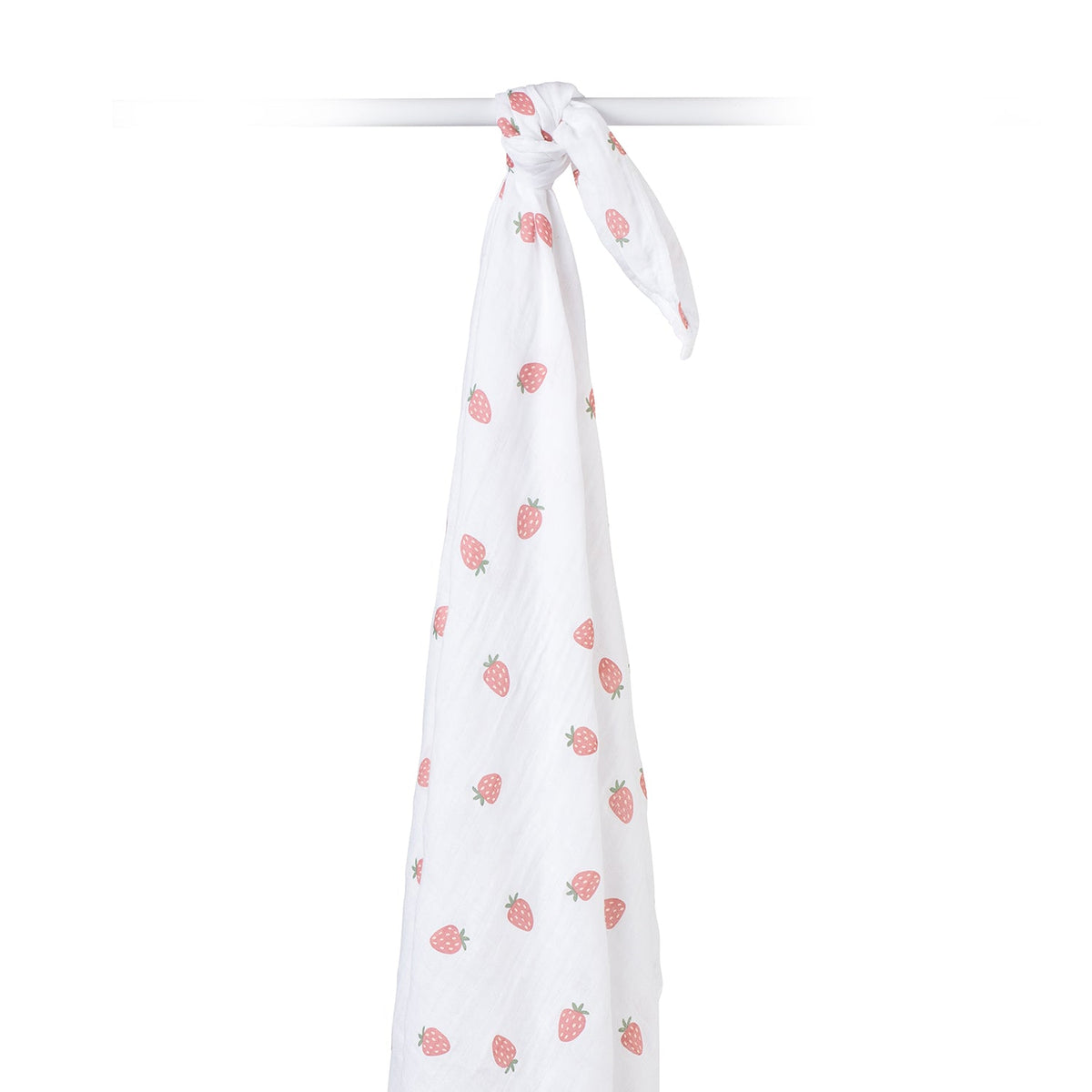 White scarf with pink strawberry pattern on a white background