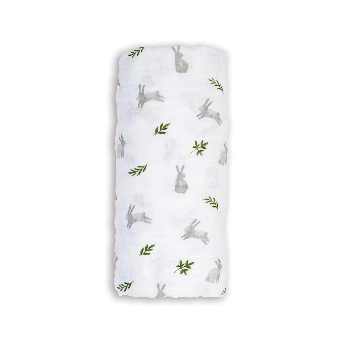White swaddle blanket with rabbit and leaf pattern on a white background