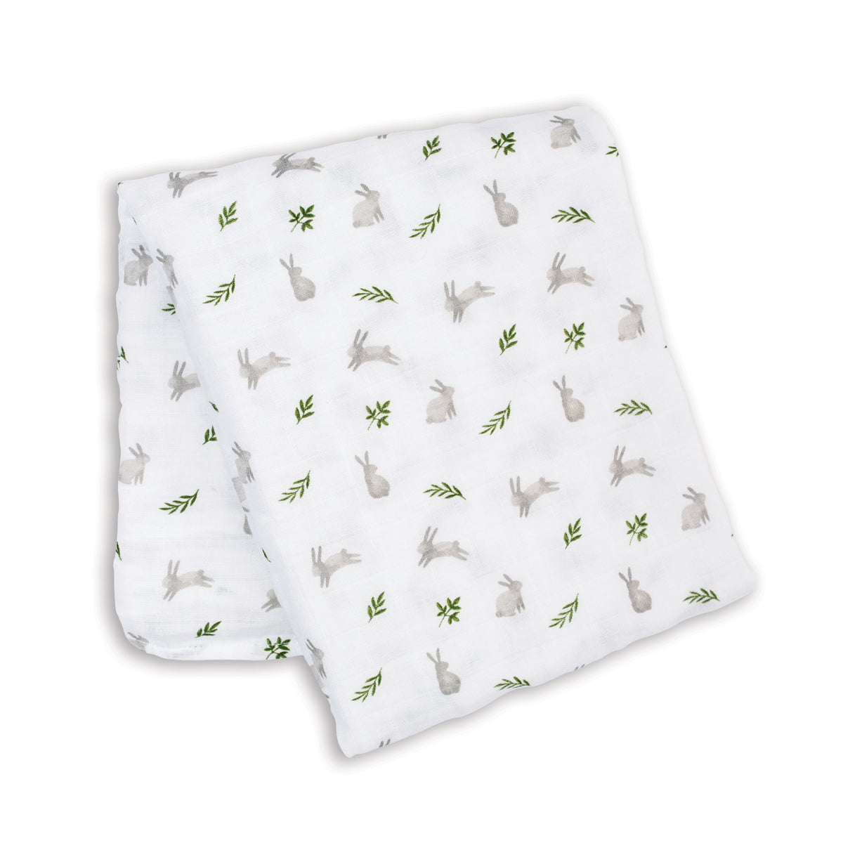 White blanket with gray rabbit and green leaf pattern on a white background