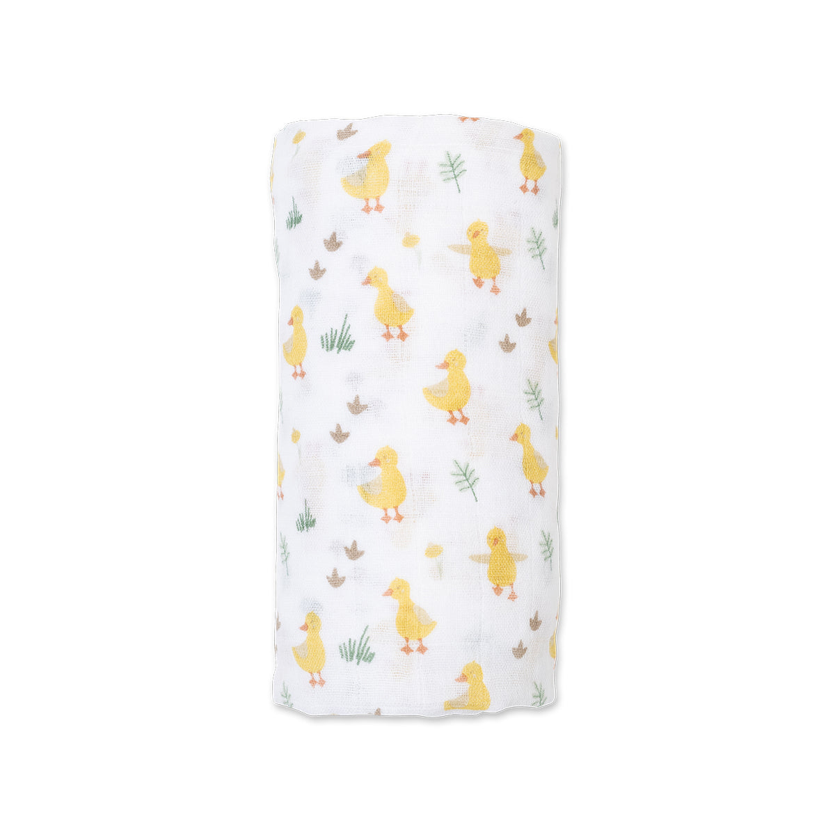 White towel with embroidered duck designs on a white background