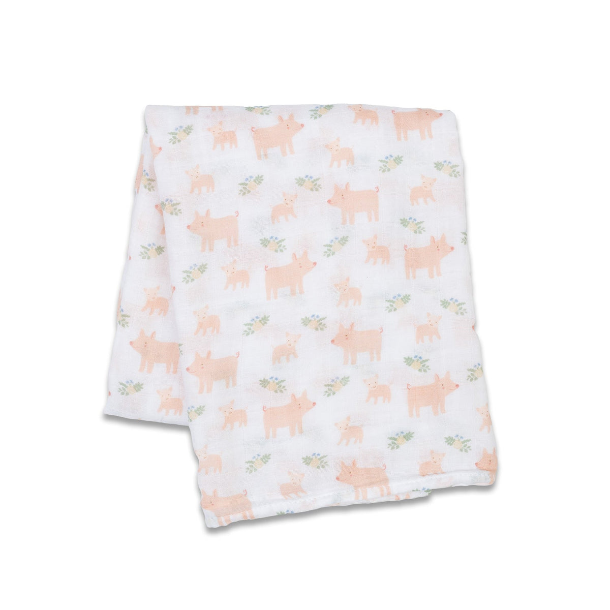 White blanket with pink pig pattern on a white background