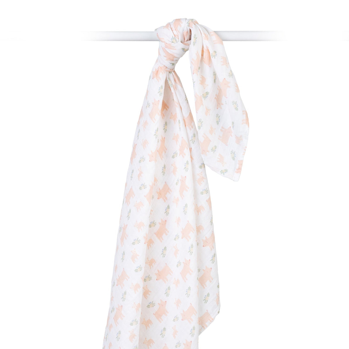 White swaddle blanket with pink floral pattern on a white background