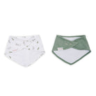 Two baby bibs, one white with green leaf pattern and the other green with white center, on a white background.