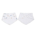 Two baby bibs with printed designs on a white background