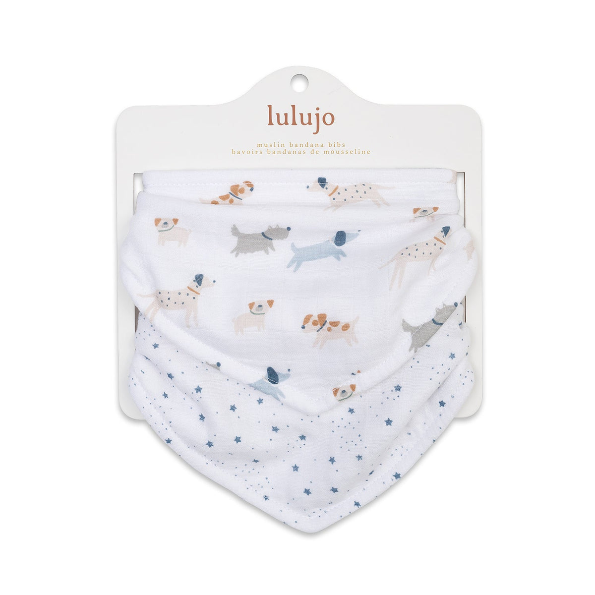 Two baby bibs with dog pattern packaging on a white background, featuring the brand 'lulujo'.