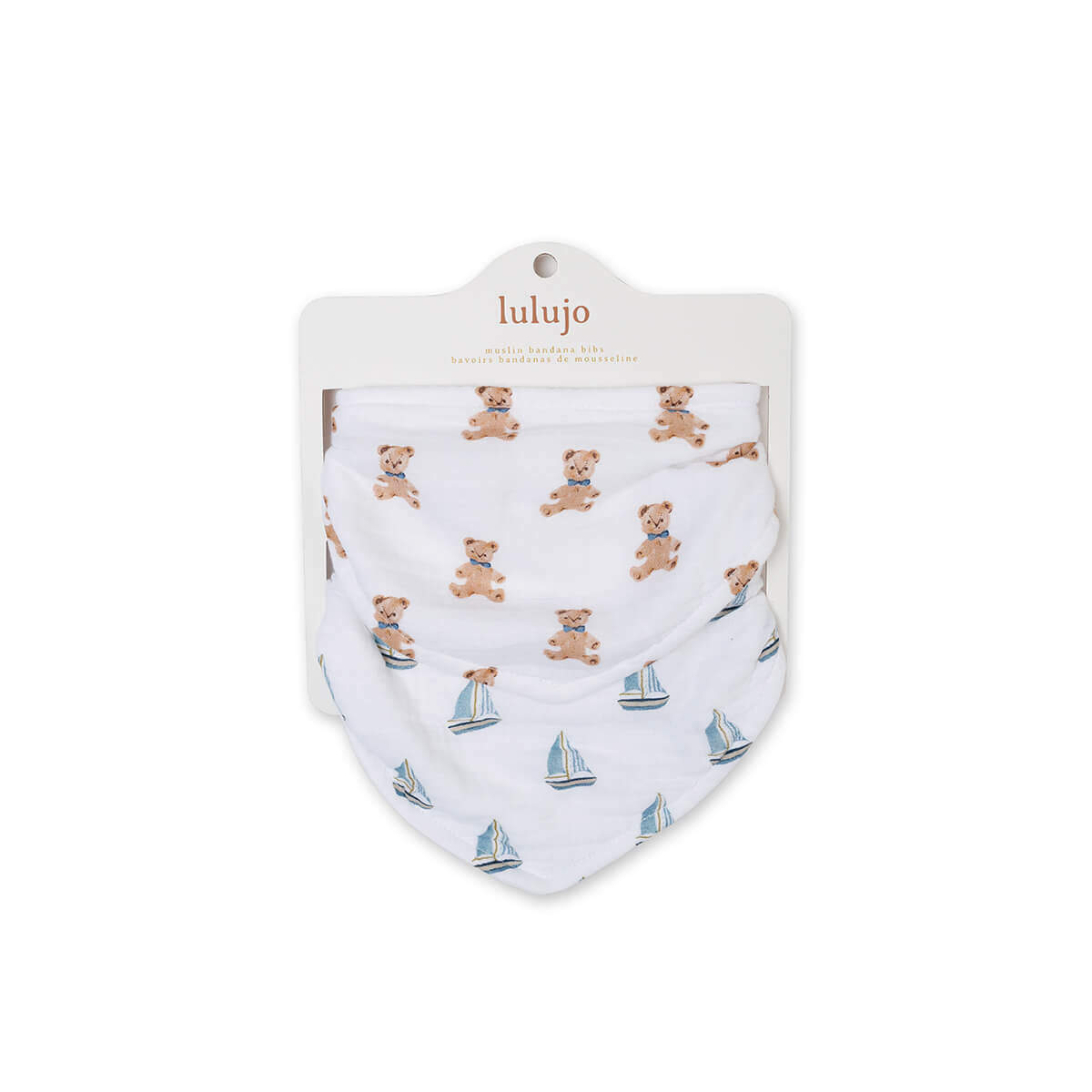 Baby bib with teddy bear and sailboat pattern on a white background, branded 'lulujo'.