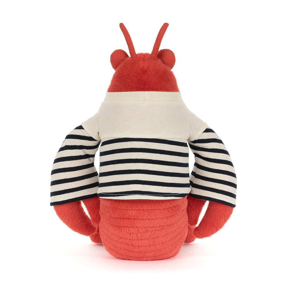 Plush toy lobster with a striped shirt on a white background