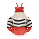 Plush toy lobster with a striped shirt on a white background