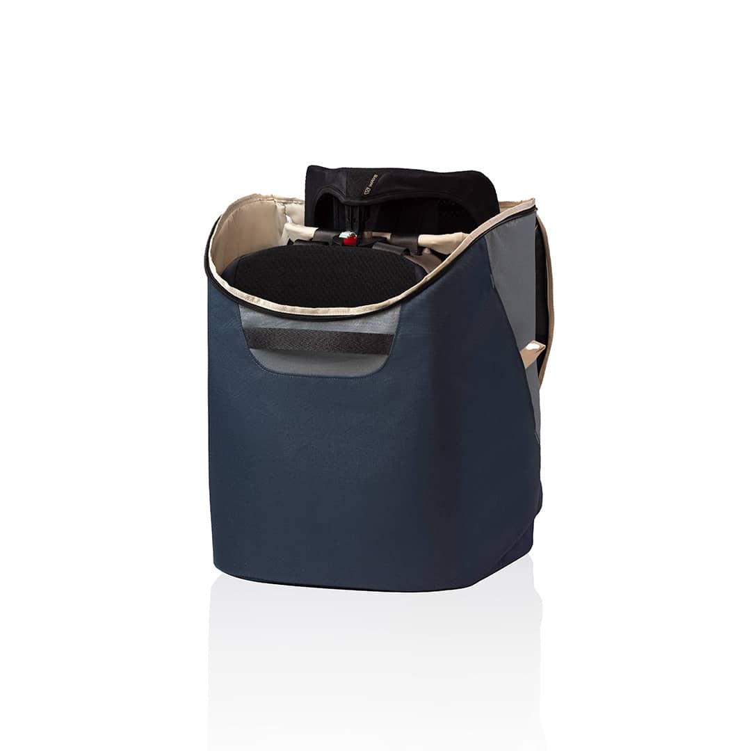 Blue and black bag with a reflective interior on a white background
