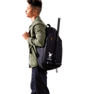 Person wearing a black backpack with a logo on a white background