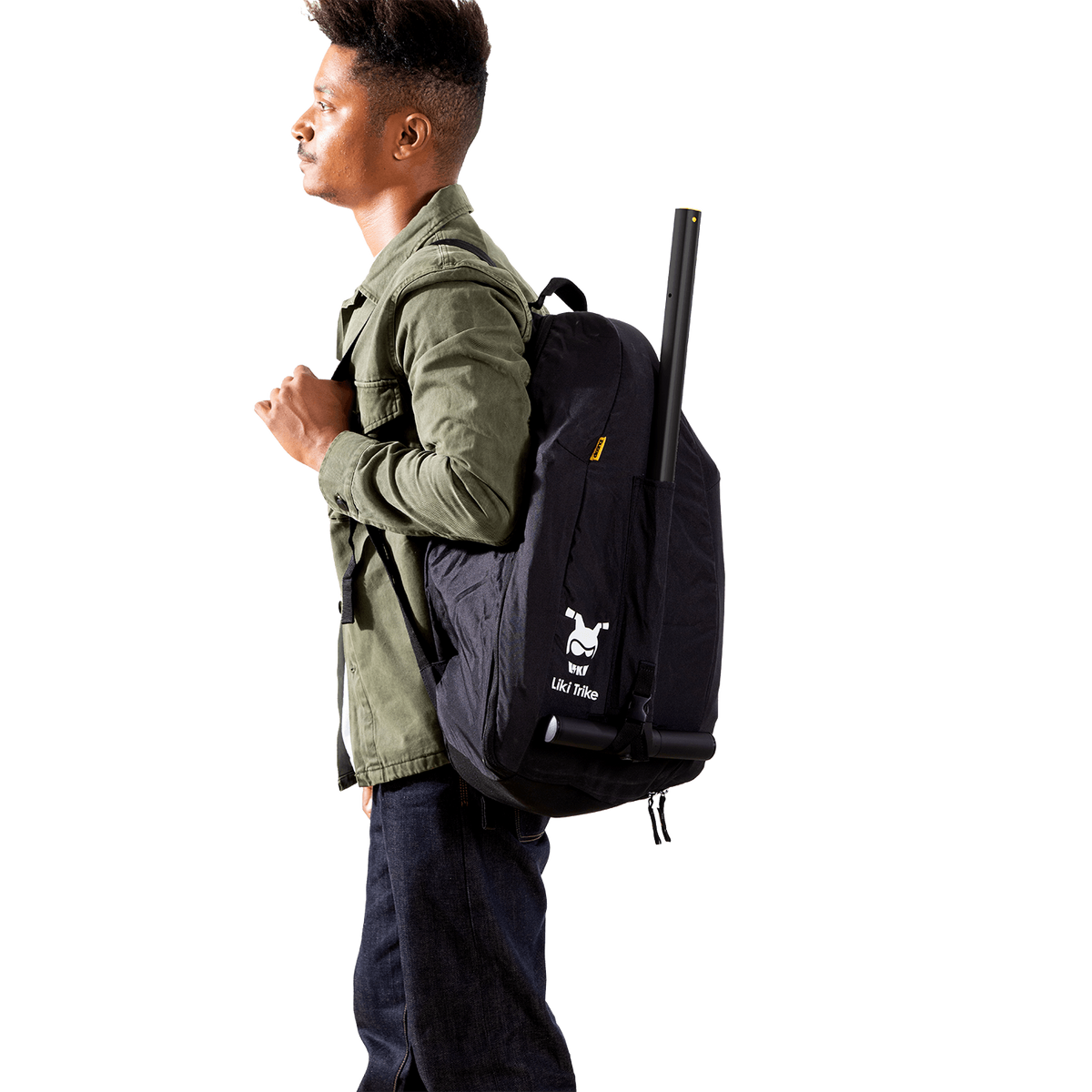 Person wearing a black backpack with a logo on a white background