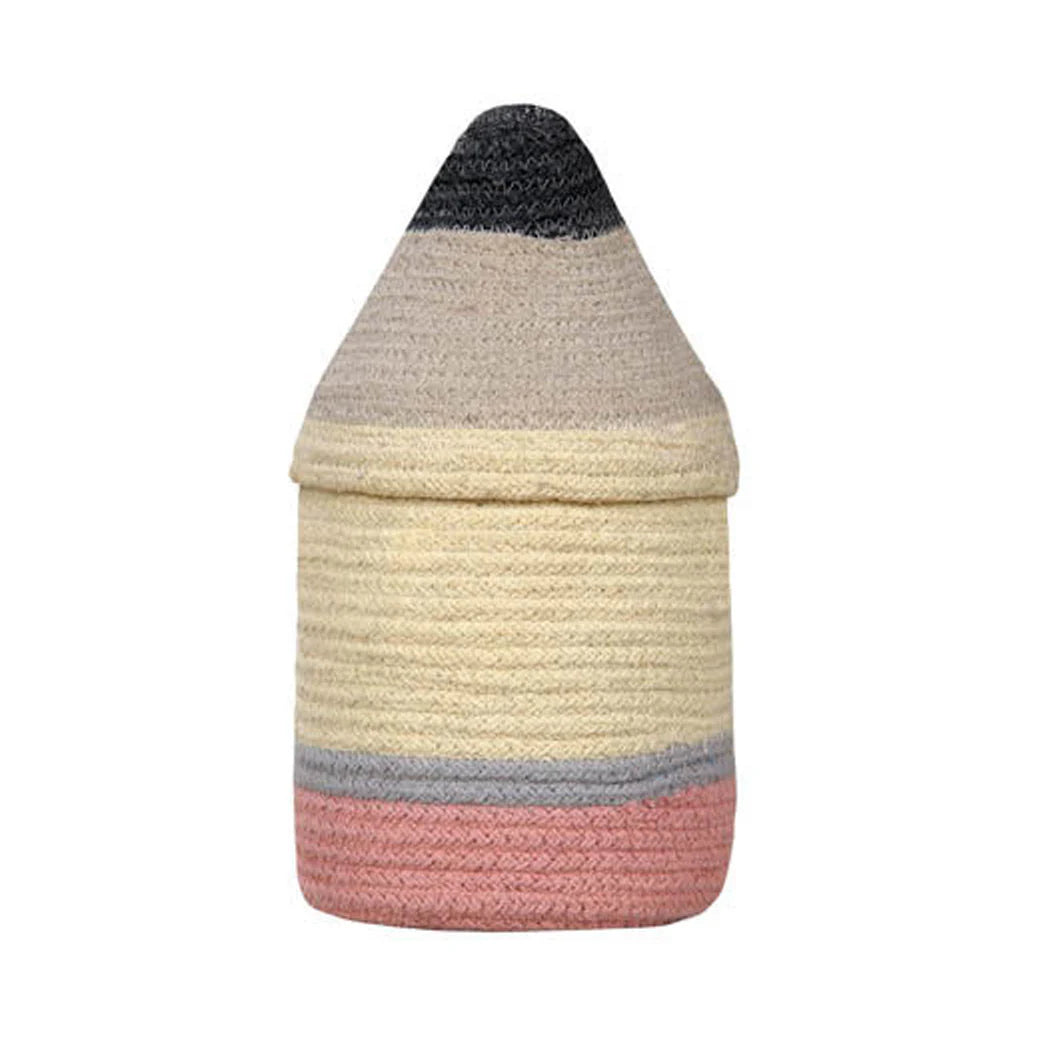 A braided rope basket with a lid, designed in a pencil shape, featuring horizontal stripes of black, beige, cream, light blue, and dusty pink on a white background.