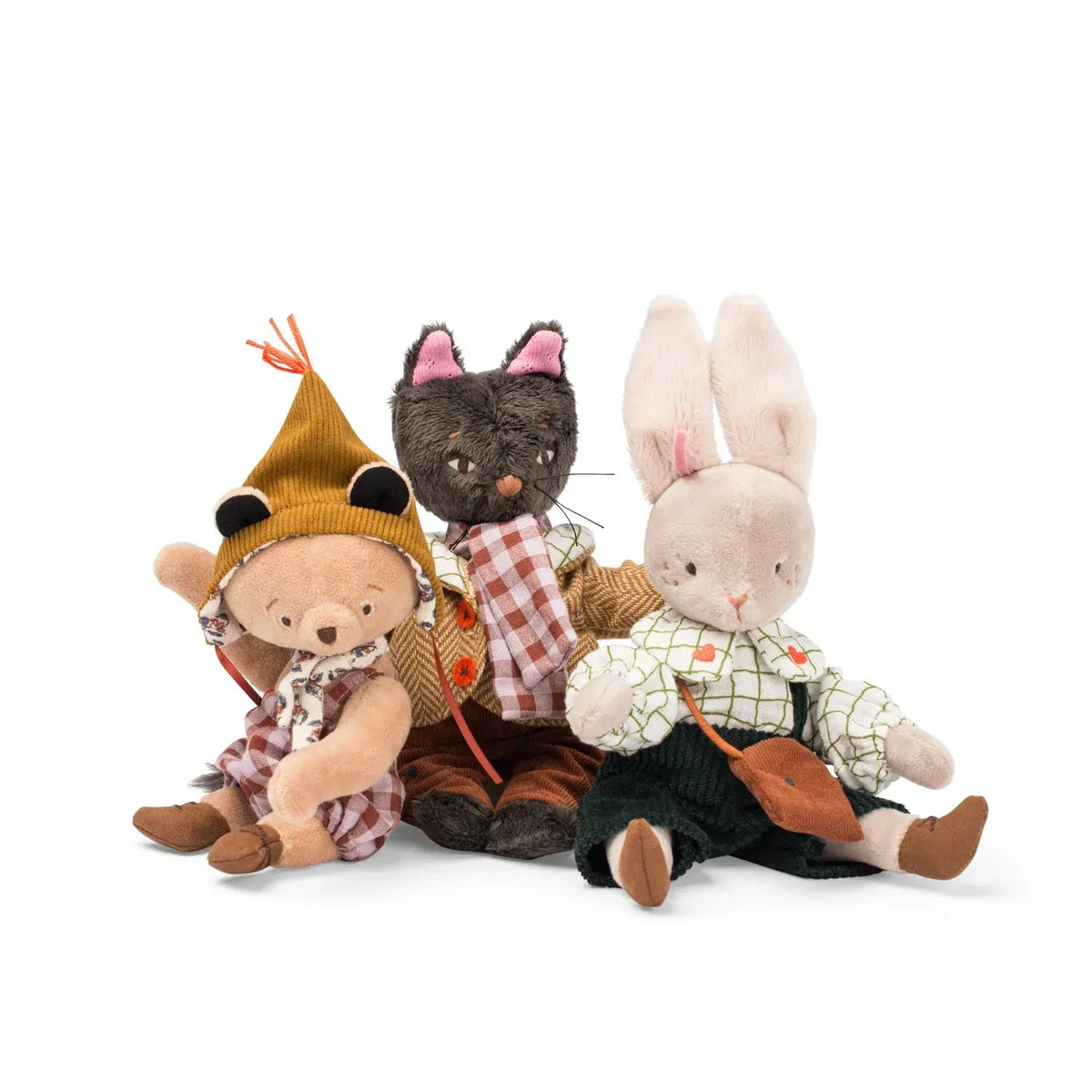 Three plush toys, including a bear, cat, and rabbit, dressed in outfits on a white background.
