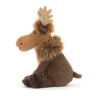 A plush stuffed moose toy sitting on a clean white background. The toy features a warm brown body, a darker brown fluffy neck, and light tan antlers.