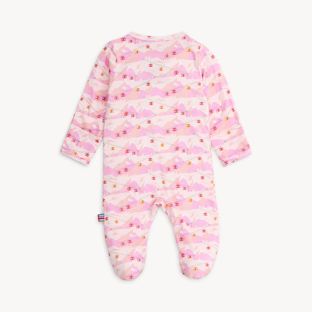 Pink baby onesie with a pattern on a white background